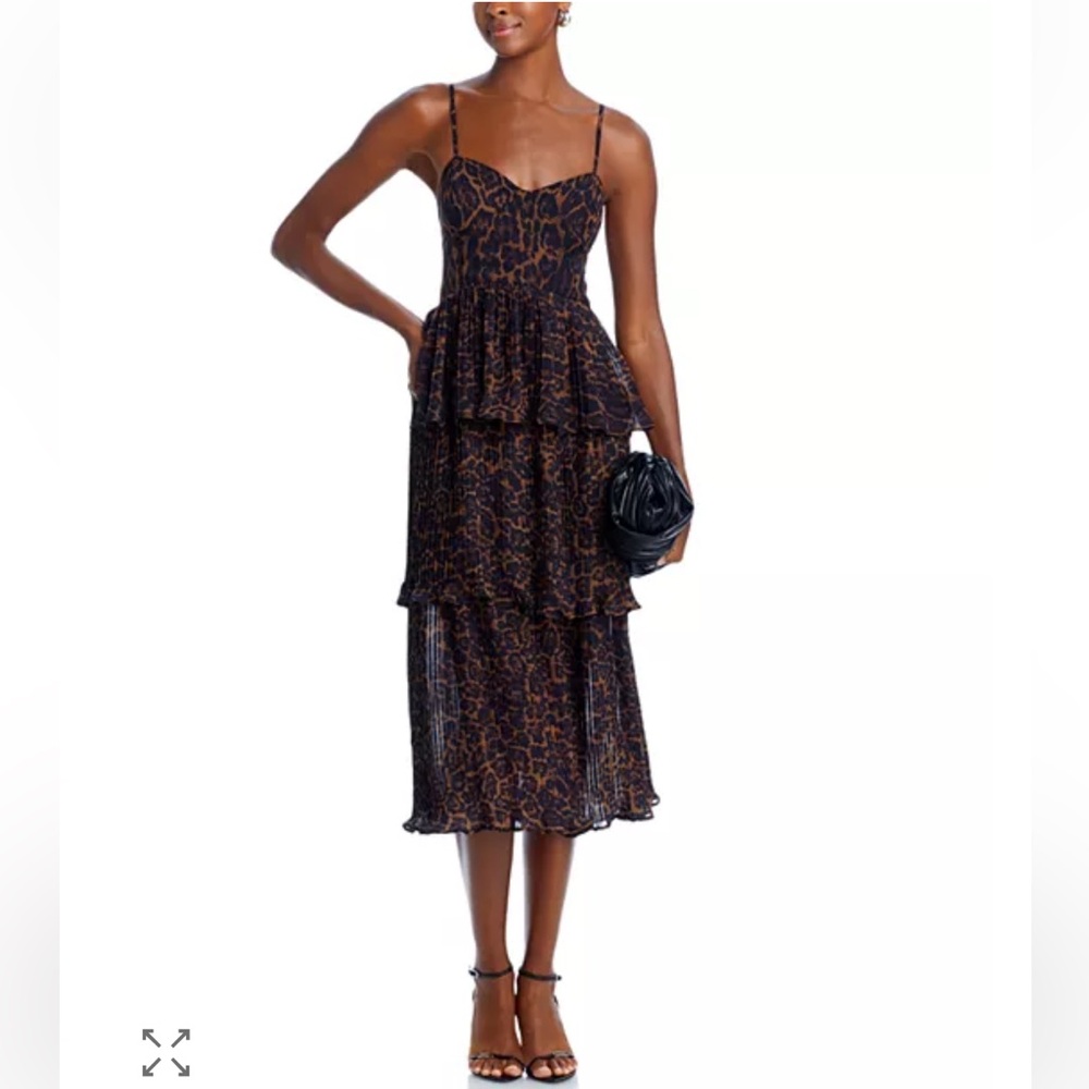 AQUA Leopard Print Pleated Tiered Smocked Midi Dress Animal Print Spring Summer - Picture 2 of 9
